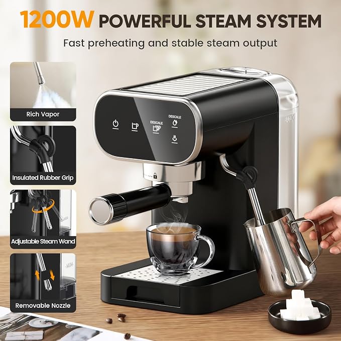 Horavie 20 Bar Espresso Machine with Milk Frother, Espresso Coffee Maker with Touchscreen, Fast Heat-Up Coffee Machine with 48oz Removable Tank for Cappuccino, Latte, Home, Office, Black
