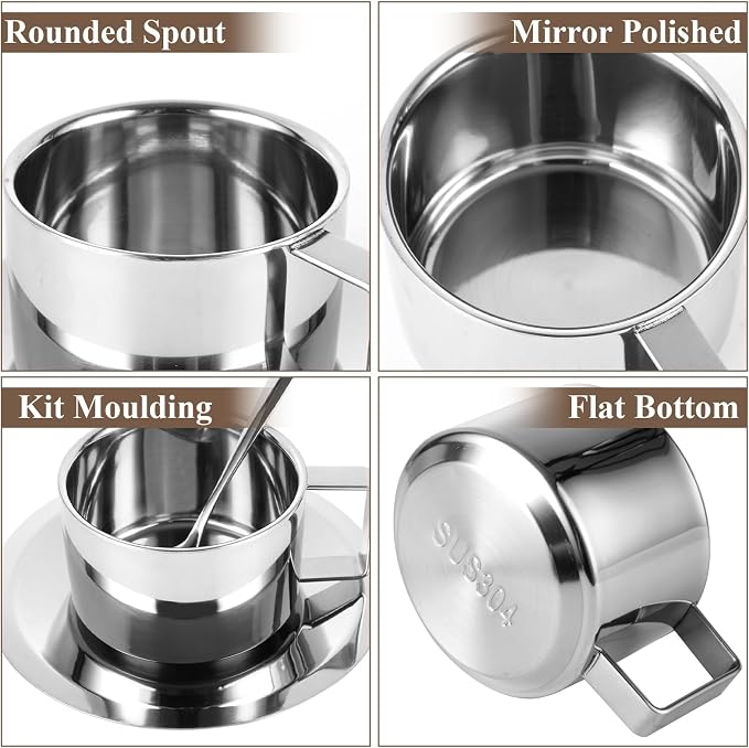 200 Ml/7 Oz Stainless Steel Espresso Cups Set of 4 Stainless Steel Coffee Mug with Saucer and Spoon Double Walled Mug Cup 7 Oz StainlessSteel Coffee Cup with Saucer for Latte, Milk, Tea