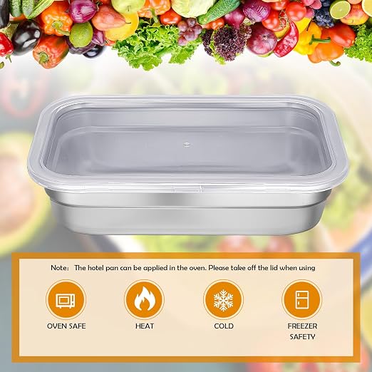 8 Pcs 304 Stainless Steel Food Storage Containers with Lid Hotel Pans for Kitchen Home Catering Food Prep Restaurant Buffet Hotel(2.5 Inch Deep)