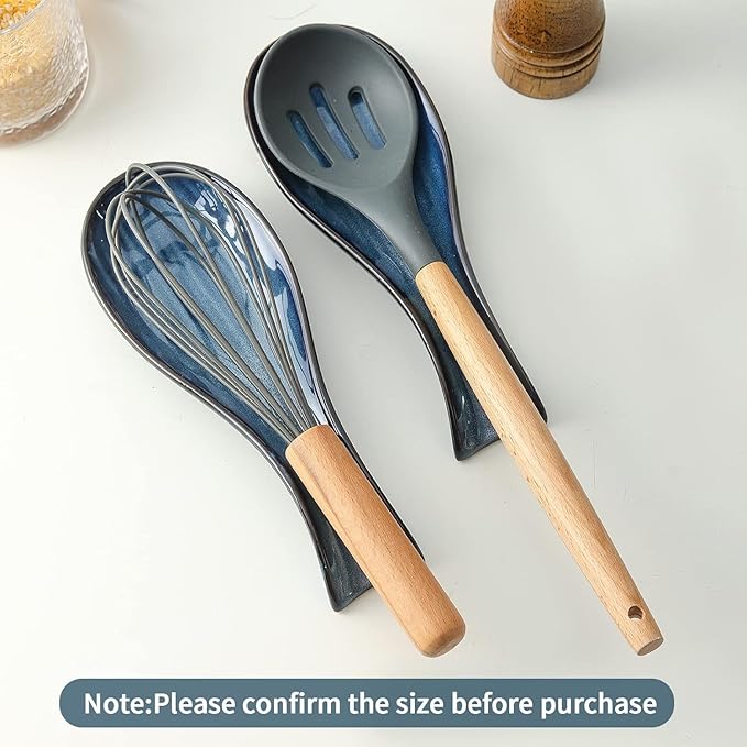 Ceramic Spoon Rest for Stove Top, Large 8.7 Inch Spoon Holder for Kitchen Counter, Porcelain Utensil Rest for Ladle, Spatula, Housewarming Gift, Dishwasher Safe and Heat-Resistant, Blue, Set of 2