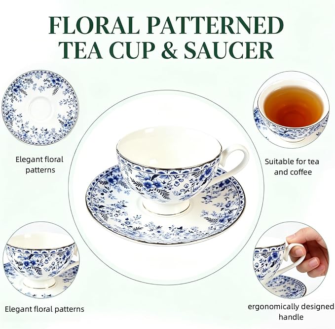 Vintage Floral Porcelain Tea Cup and Saucer Set with Gold Trim, Classic Blue Pattern Single Set