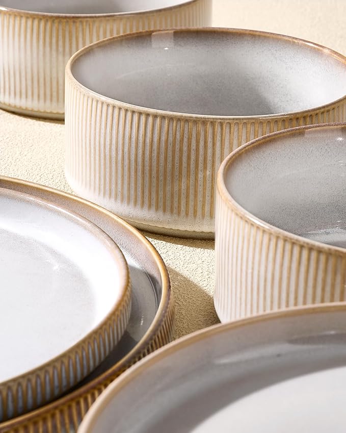 8-Piece Dinner/Salad Plates Set for 4, Cappuccino White | Chip & scratch resistant stoneware dinnerware. Microwave & dishwasher safe. Handcrafted reactive glaze. For daily & serving.