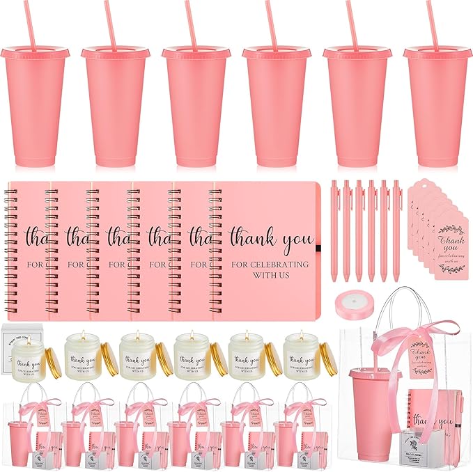 Nuogo 6 Sets New Parent Shower Prizes for Player Winners Adult, Wedding Bridal Shower Gift, Plastic Tumbler Notebook Scented Candle Ballpoint Pen Bag (Pink Color,Classic Style)