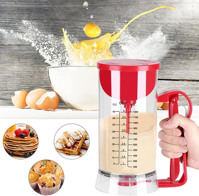Pancake Batter Dispenser Electric Mixer Separator for Cupcakes, Waffles, Cookies, Clear Marks, 40.58oz, Clear/Red