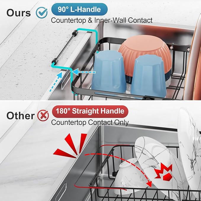 iSPECLE Expandable Dish Drying Rack for Kitchen Sink - Heavy Duty Adjustable Over The Sink Dish Drainer with Square Corners, Rust Resistant with Lock Knob, Fit for Modern Single & Double Sinks, Black