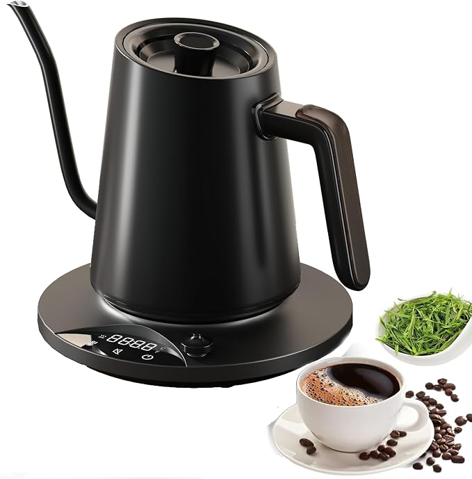 Gooseneck Electric Kettle with ±1℉ Temperature Control & Keep Warm for Pour Over Coffee & Tea, Rapid Boil, 304 Stainless Steel, Built-in Brew Timer, 1000W/ 0.9L