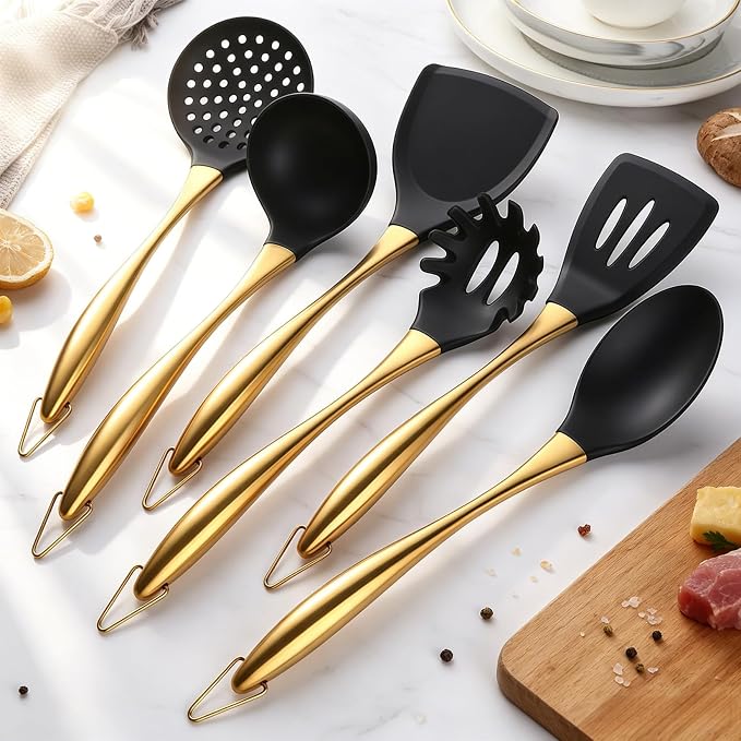 Silicone Cooking Utensils Set, 17pcs Kitchen Utensil Set with Rotatable Holder, Heat-Resistant Silicone Utensils for Cooking, Non-Stick Spatula Set with Stainless Steel Handle,Turner,Ladle (Gold)
