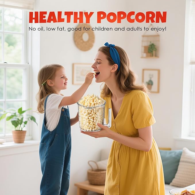 Vminno Quick & Easy Hot Air Popcorn Popper Maker with Built-In Serving Bowl, 2 Quarts, Etl Certified, No Oil Popcorn Poppers for Home with On/Off Switch for Family Movie Nights, Parties
