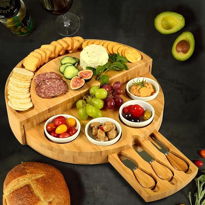 Bamboo Cheese Board Set with Cutlery, Foldable Charcuterie Board with Ceramic Bowls and Knife Set, Portable Serving Tray for Cheese, Steak, Pizza (Half Round with Small Bowl Knife and Fork)