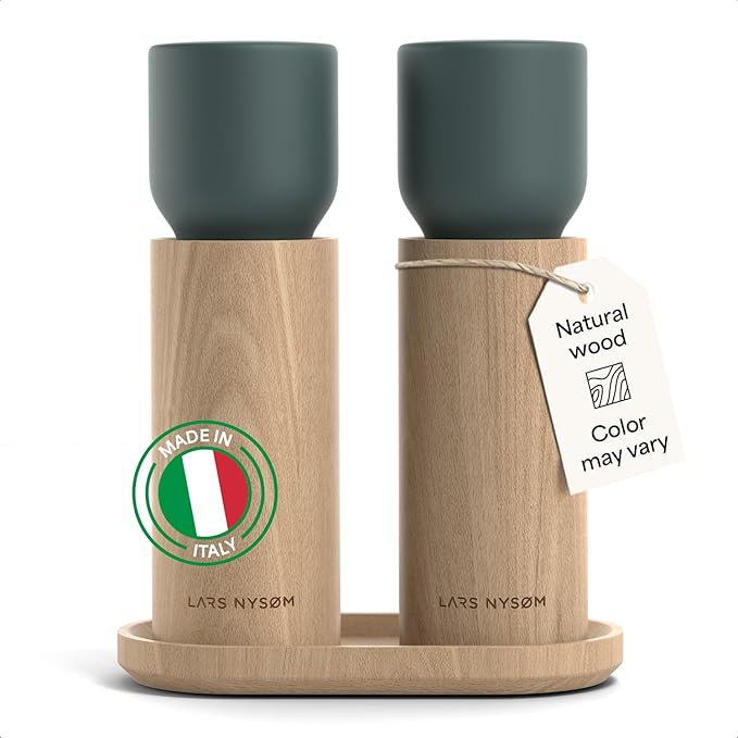 LARS NYSØM Wooden Salt and Pepper Grinder Set Manual with Tray - Salt and Pepper Mills with Adjustable Ceramic Grinder - Elegant Beechwood Pepper and Salt Mill Set for Dining Table (Stone Blue)