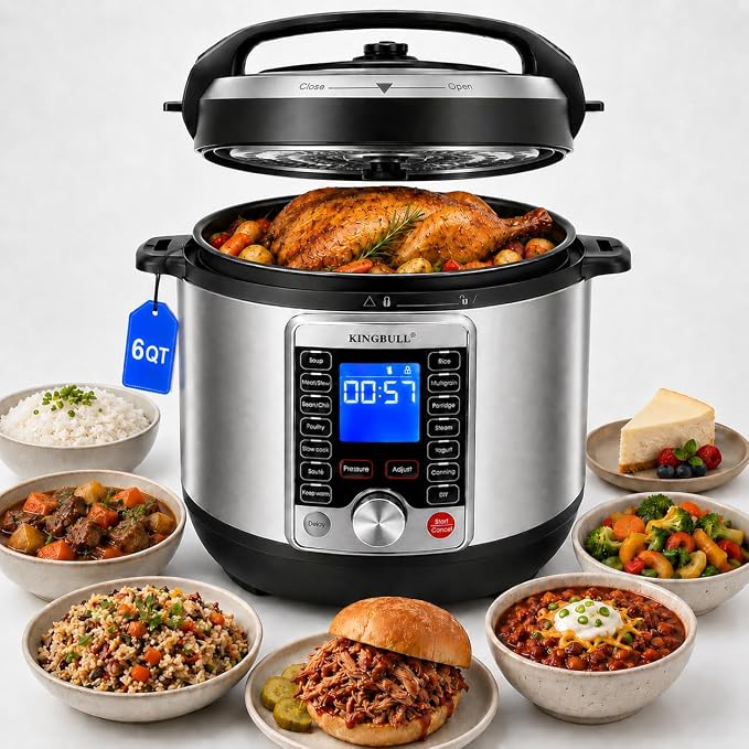KINGBULL 14-in-1 Electric Pressure Cooker 6 Quart, Stainless Steel Multi Cooker with LCD Display, Slow Cooker, Rice Cooker, Steamer, Sauté, Yogurt Maker, Warmer, DIY Mode, Black