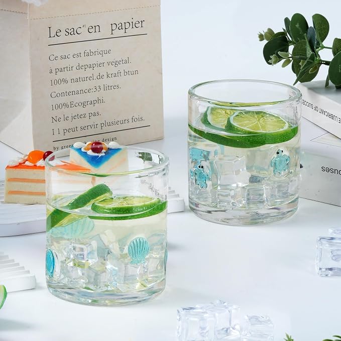 4 Pcs Summer Ocean Icon Glasses Set, 14oz Aesthetic Shell Starfish Seahorse Turtle Glass Cup Icon Stemless Coffee Cocktail Glassware Cup for Party Supplies Gift (Ocean)