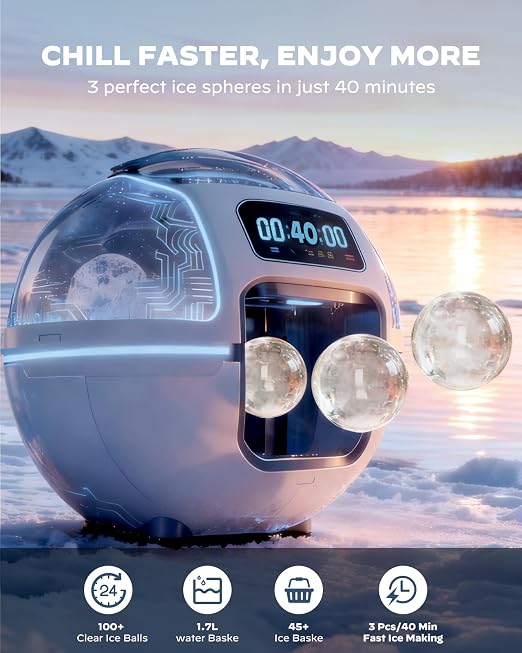 Silonn 2.4″ Sphere Ice Maker Countertop, Clear Ice Ball Maker Machine with Crystal Sphere & Rapid Sphere Technology, 3 pcs in 40 Mins, 100 pcs/Day, Self-Cleaning Ice Maker Ideal for Whiskey