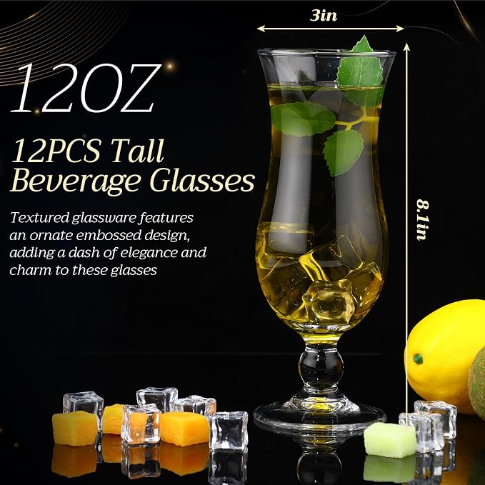 LemonRoad 12 Packs Hurricane Cocktail Glasses, 12 oz Tulip Drinking Cups Tall Wine Glasses Multi Purpose Water Goblet for Party Mojito Juice Beer Beverages
