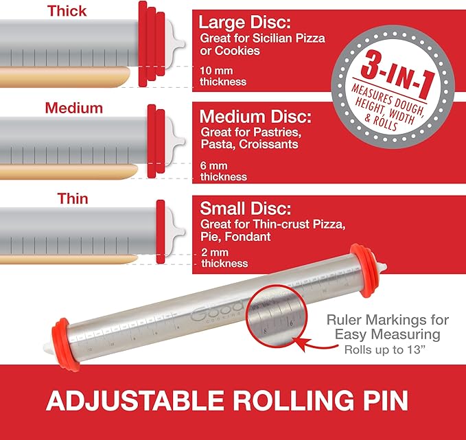 Adjustable XL Pastry Rolling Pin w/ 3 Spacer Rings- Adjust Dough Height for Consistent Thickeness- Heavy Duty NonStick Stainless Steel French Roller 17" Barrel- Bake Easter Cookies, Bread, & Pasta