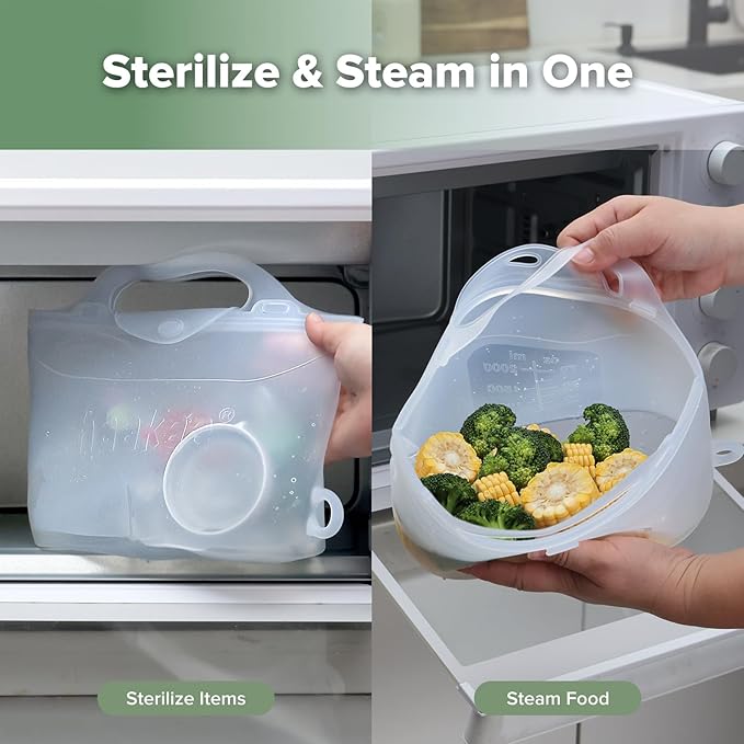 Haakaa Silicone Microwave Steamer & Steriliser Bag, 70oz/2000ml Large Capacity Reusable Steaming Bags for Baby Bottles,Breast Pump,Accessories,Pacifiers,Teethers, Great for Home&On The Go,Frosted /1PC