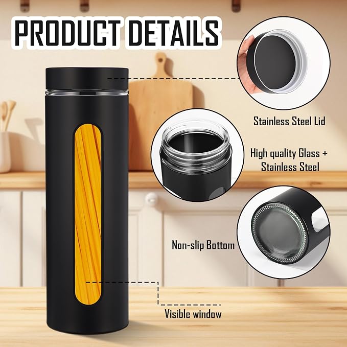 Patelai 6 Pack Kitchen Canisters Set Airtight Stainless Steel Canister Food Storage Container with Window Glass, Coffee Sugar Candy Jars Tea Organizer for Flour Cookies Spice (Black,60 oz)