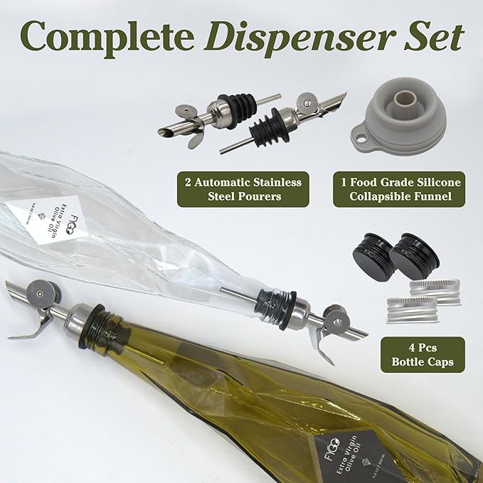 FYGO Diamond Lux Olive Oil Bottle Dispenser - Olive Oil Container- Oil and Vinegar Dispenser Set with Pourer and Funnel - Glass Dispenser Bottle for Kitchen - 500ml - Set of 2
