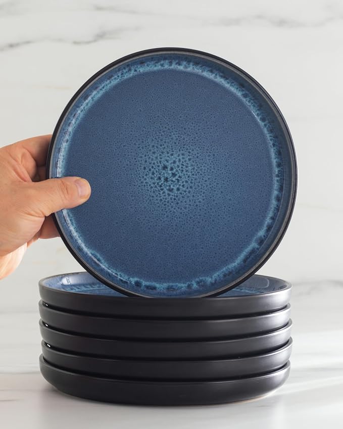 24 Piece Stoneware Dinnerware Set for 8 - Handmade Reactive Glaze Plates and Bowls Set - Chip & Scratch Resistant Dish Set - Dishwasher Microwave Safe - Deep Blue