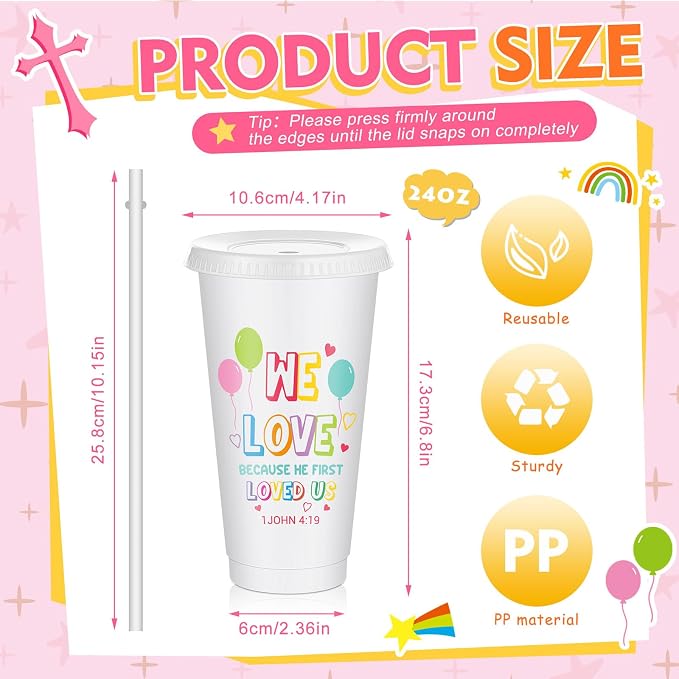 Uiifan 50 Pcs VBS Christian Tumblers with Straws for Kids, Bible Verse Cups for VBS, Sunday School, Church Party Favors and Faith Gifts, Reusable Plastic Tumblers with Lids, 24 oz, White