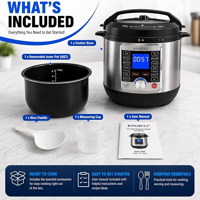 KINGBULL 14-in-1 Electric Pressure Cooker 6 Quart, Stainless Steel Multi Cooker with LCD Display, Slow Cooker, Rice Cooker, Steamer, Sauté, Yogurt Maker, Warmer, DIY Mode, Black