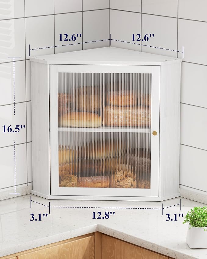 Kitsure Bread Box - 2-Tier Corner Bread Box for Kitchen Countertop with Magnetic Acrylic Door, Bamboo Kitchen Counter Organizer for Snacks, Loaves, Homemade Bread Storage, White, 16.5" H