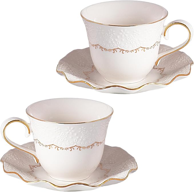 KAMMAK Tea Cups and Saucers Set of 2, 6.4oz Porcelain Coffee Cups with Saucers, Ceramic Espresso Mugs for Coffee, Latte, Americano, Tea, Elegant Teacup and Saucer (YFH11)