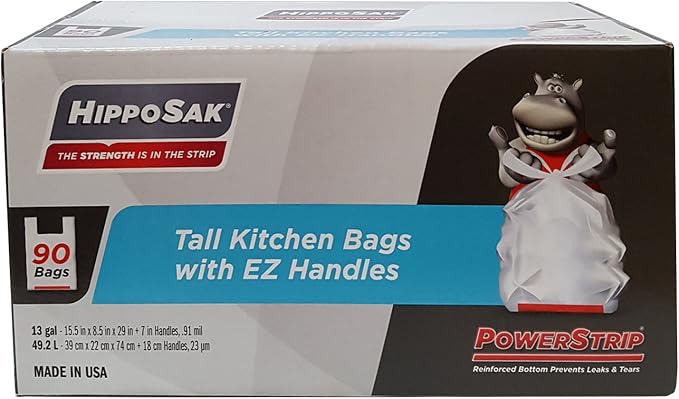 Hippo Sak - Tall Kitchen Garbage Bags with Ergonomic Handles - 13 Gallon Trash Bags - Super Strong, Patented Reinforced Bottom and Leak Proof Tall Kitchen Trash Bags - Heavy Duty Trash Bags (90 Count)