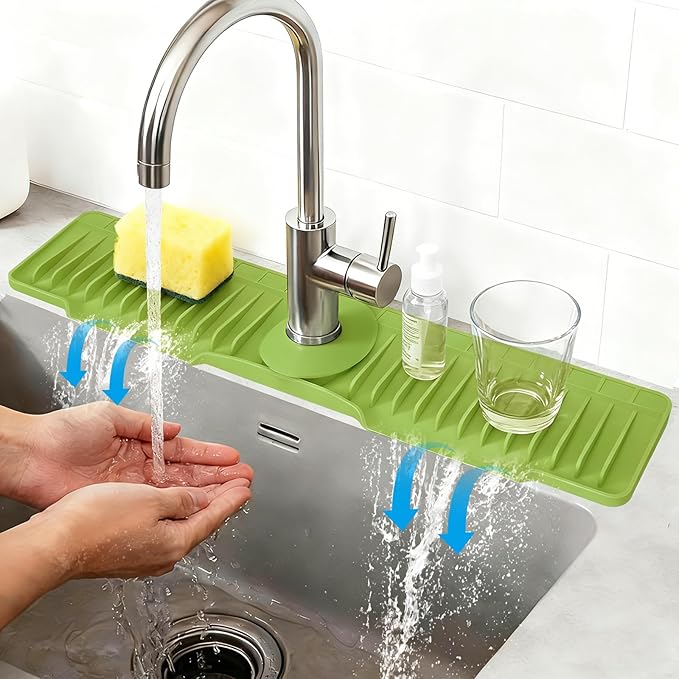 16" Silicone Faucet Mat for Kitchen Sink Released in 2026,8° Slope Fast Self-draining-Kitchen Sink Splash Guard,Bathroom Kitchen Sink Area Water Splash Guard Behind Faucet Draining Mat(Green)