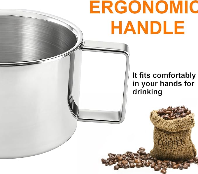 ZENFUN 4 Pack 6.8 oz Coffee Cups Set, 18/8 Stainless Steel Espresso Cup with Saucer and Spoon, Cute Coffee Mugs with Handle, Drinkware Cup for Latte, Cappuccino, Milk, Tea