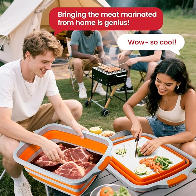 BBQ Prep Tub 3-IN-1 Large 30L Collapsible Cutting Board with Lid for Grill Meal Prep Marinating Food, Camping Sink with Colander, Dish Basin, Storage Blanket for Camping Picnic BBQ Grilling, Orange