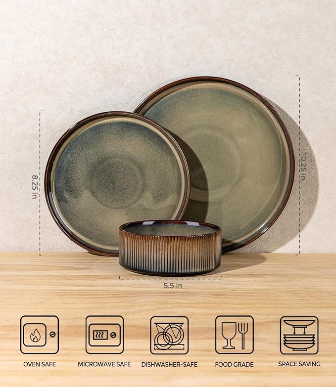 TheTerra Ceramic Dinnerware Sets for 8, 24 Pieces Porcelain Lightweight Speckled Plates and Bowls Sets, Scratch Resistant Dish Set, Oven & Microwave & Dishwasher Safe, Brown