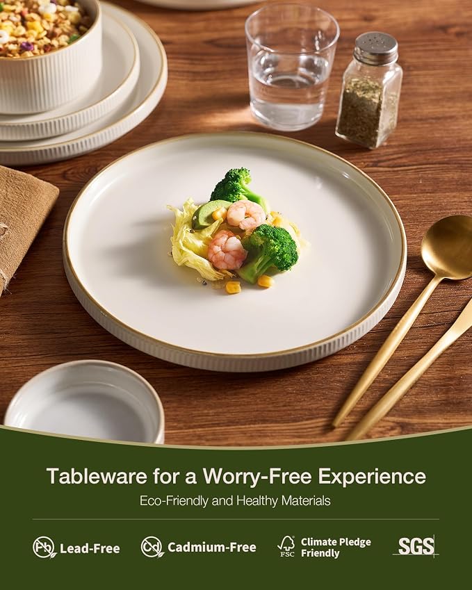 Famiware Star 12-Piece Stoneware Dinnerware Sets with Trim, Service for 4, Ceramic Plates and Bowls Set, Modern Rustic Dishes, Everyday/Formal, Chip/Scratch Resistant, Microwave/Dishwasher Safe, White