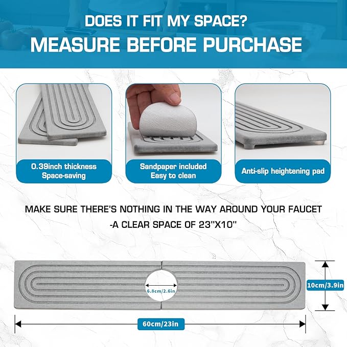 Faucet Mat for Kitchen Sink, Diatomite Quick Drying Tray , Long 23.6'' Kitchen Sink Splash Guard and Bathroom Stone Tray for Counter. Super Absorben. (Light gray-Rectangle, 23.6" x 4")