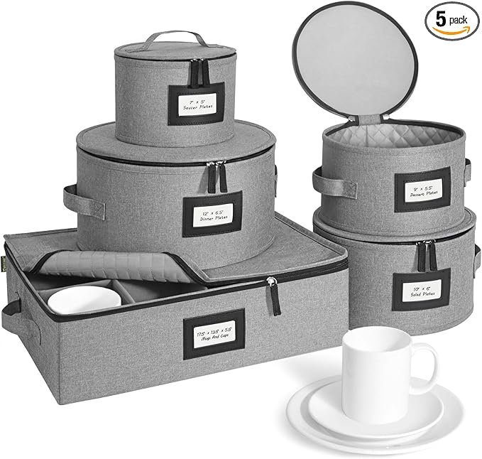 BALEINE China Storage Containers, Sturdy Quilted Wine Glass Storage, Plate Organizer with Carry Handles, Moving Boxes for Dishes, Cups, Mugs and Stemware (Plate Mug Combo, Hard Shell Grey)