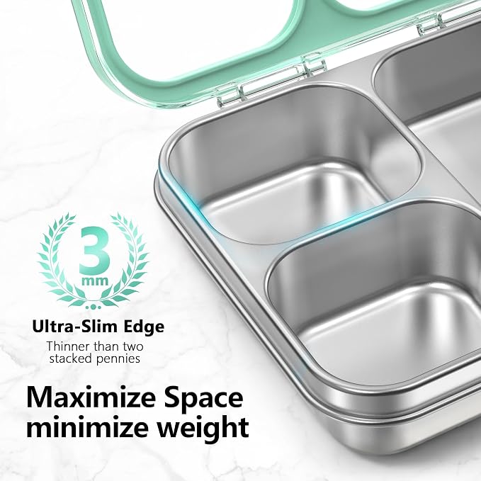 HOMEKOL Stainless Steel Bento Lunch Box 3-Compartment, 4.2Cups, Green | Leak-Proof Metal Lunch Container for Kids & Adults, BPA-Free, Dishwasher Safe, Clear Tritan Lid, 1000ml (Not Insulated)