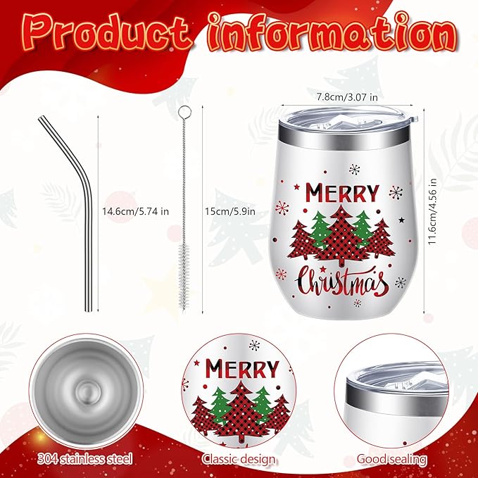 Ziliny 6 Pieces Christmas Wine Tumbler 12 oz Xmas Insulated Stainless Steel Wine Cups with Lid and Straw Funny Coffee Mugs with Brush for Holiday Wedding Party Gifts(Plaid Style)