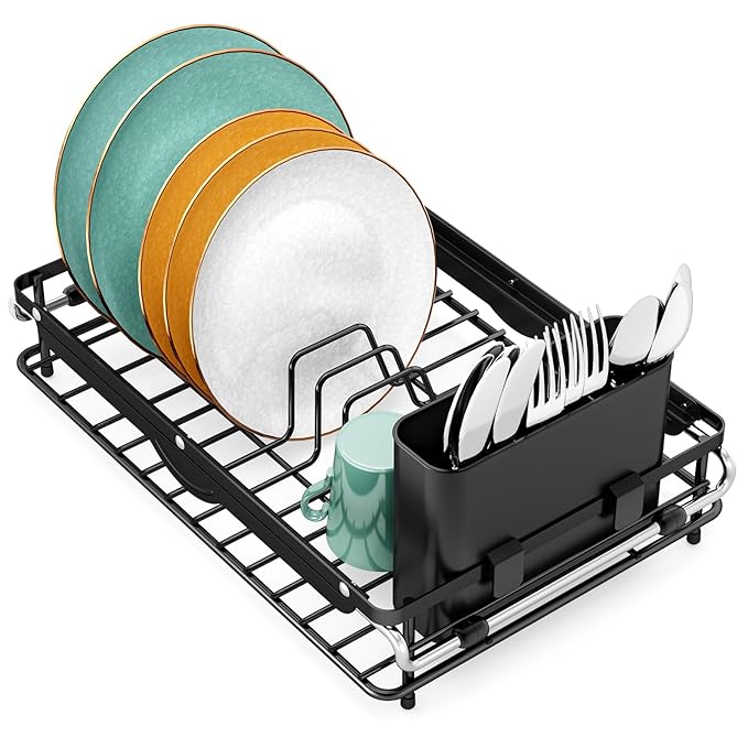 Over the Sink Dish Drying Rack,In Sink Dish Drying Racks,Expandable Dish Rack Over Sink Counter,Adjustable Dish Drainer for Inside Sink with Utensil Holder, Stainless Steel Dish Strainer Compact Size
