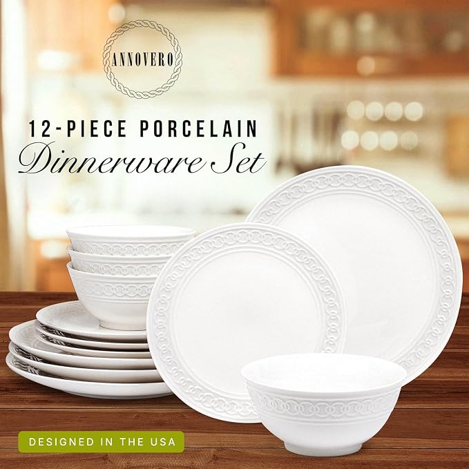 Annovero Plates and Bowls Sets - Dishes Set for 4 - Microwave Safe - 12 Piece Porcelain Dinnerware for Kitchen - Includes 4 Dinner & 4 Appetizer Plates, 4 Cereal Bowls - Zero Lead & Cadmium