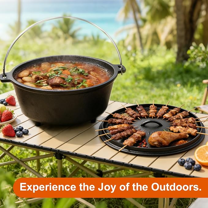 Pre-Seasoned Cast Iron 10QT Camp Dutch Oven with Lid, Large Camping Dutch Oven Pot, incl. Lid Lifter - Dual Handles - for Outdoor Campfire, Grill, Oven&Stovetop Cooking - Black