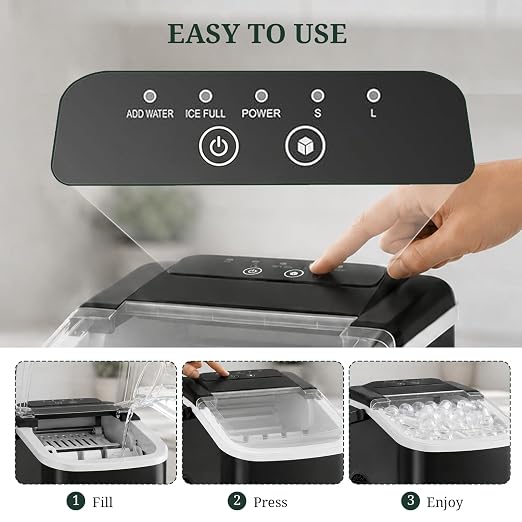 Ice Maker Countertop, Portable Ice Machine with Handle, Basket & Scoop, 26Lbs/24Hrs, 9 Bullet Ice Cubes Ready in 6–8 Mins, 2 Ice Sizes, Self-Cleaning, Quiet Compact for Home Kitchen Office RV Camping