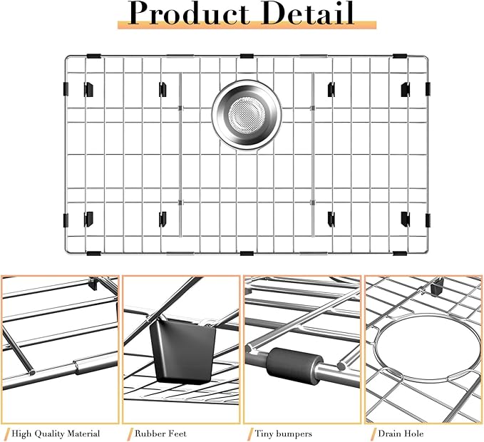26-1/8’’ x 14-1/8’’ Sink Protectors for Kitchen Sink, Stainless Steel Kitchen Sink Protector, Sink Grate for Bottom of Kitchen Sink with Rear Drain, Sink Grid for Single Bowl Kitchen Sink