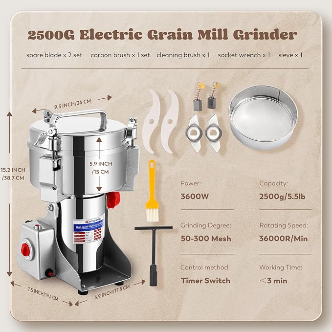 Moongiantgo 2500g Grain Mill Grinder Commercial Spice Grinder 3600W Stainless Steel Electric Pulverizer Dry Grinding Machine for Wheat Corn Rice Pepper Herbs Coffee Beans (2500g Swing, 110V)