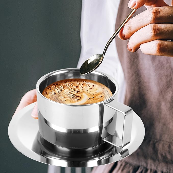 200 Ml/7 Oz Stainless Steel Espresso Cups Set of 4 Stainless Steel Coffee Mug with Saucer and Spoon Double Walled Mug Cup 7 Oz StainlessSteel Coffee Cup with Saucer for Latte, Milk, Tea