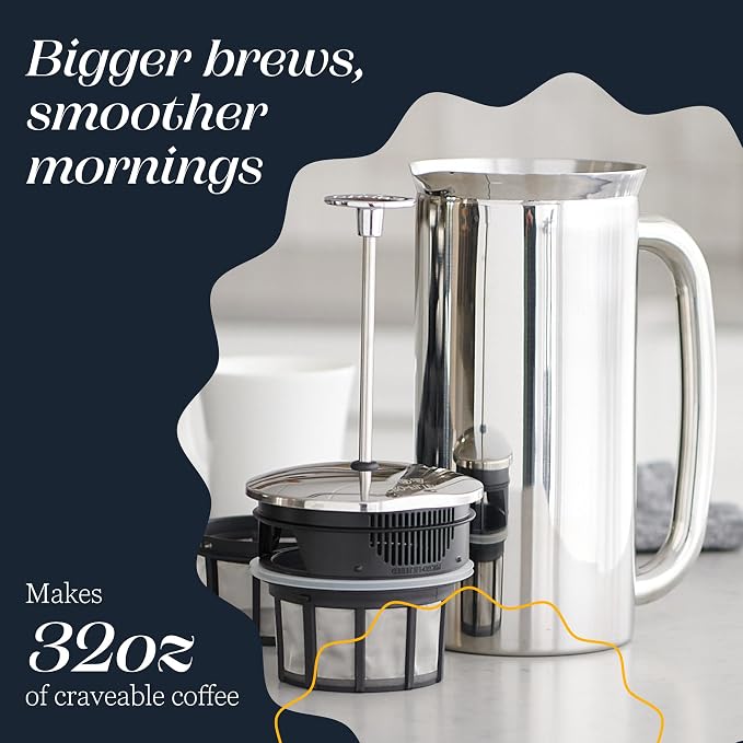ESPRO Pro P7 French Press Stainless Steel 304 - Patented Double Micro-Filter for Grit-Free Coffee, Double Wall Insulated Coffee Maker, Plastic-Free & Heat Resistant - Polished 32oz