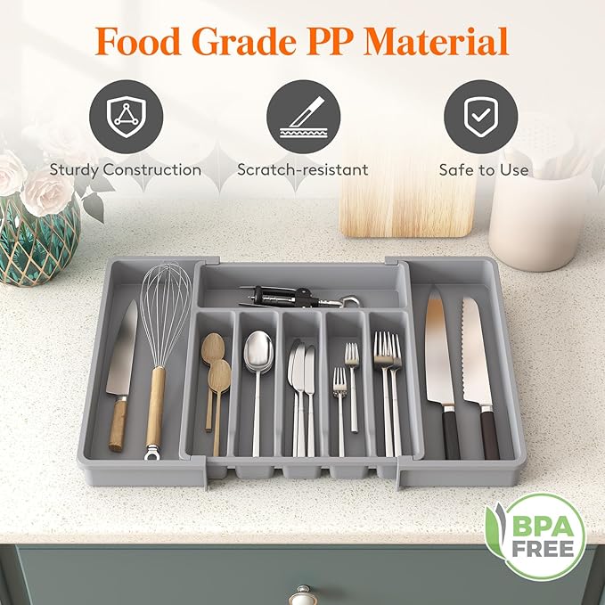 Lifewit Silverware and Cooking Utensil Drawer Organizer Set – Expandable Adjustable Plastic Storage for Cutlery, Flatware, Spoons, Forks, Knives, and Kitchen Tools, BPA-Free, Gray