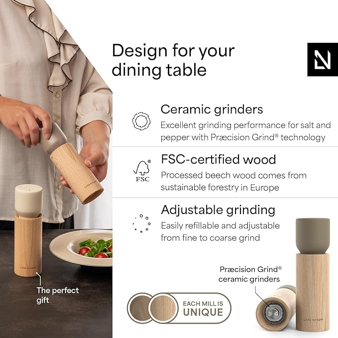 LARS NYSØM Wooden Salt and Pepper Grinder Set Manual - Salt and Pepper Mills with Adjustable Ceramic Grinder - Elegant Beechwood Pepper and Salt Mill Set for Dining Table (Taupe Brown)