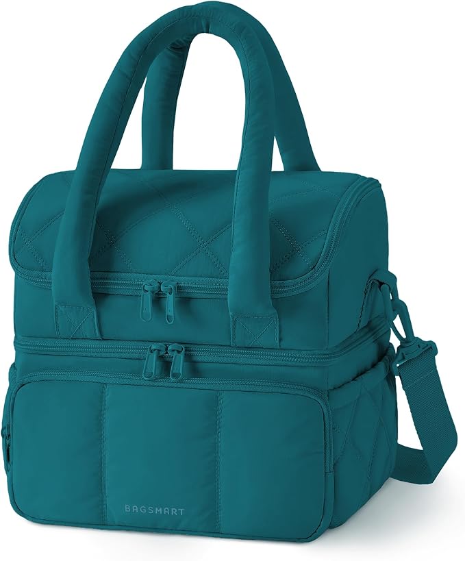 BAGSMART Lunch Bag Women, Double Deck Insulated Lunch Box, Quilted Puffer Lunch Tote, Leakproof, Durable & Reusable Large Lunch Cooler For Work Picnic Travel Meal Prep, Teal