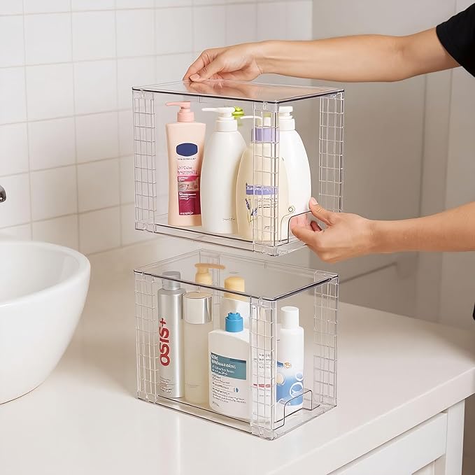 High Clear Stackable Storage Drawers(2 Pack), High-strength Plastic Organizer Bins with Handles for Skincare Bathroom Cabinet Vanity Undersink Kitchen Pantry BPA-Free Storage Containers