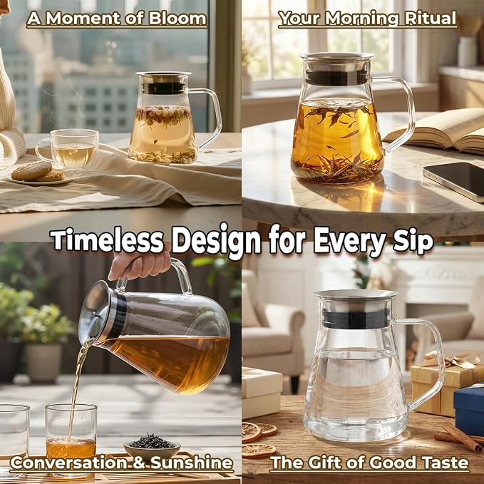 Aquach 27oz Glass Teapot with Filter Lid, Personal Stovetop Tea Pot | Dishwasher Safe, Borosilicate Glass, Plastic-free, Personal 1-2 Cup Use, 6in Height Fridge Safe, One-step Filter Lid